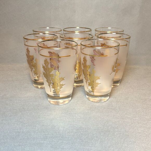 Vtg 1960 Libbey Golden Foliage Frosted Tumblers Drink Glasses 8 oz-Set 8 Barware - Picture 9 of 11